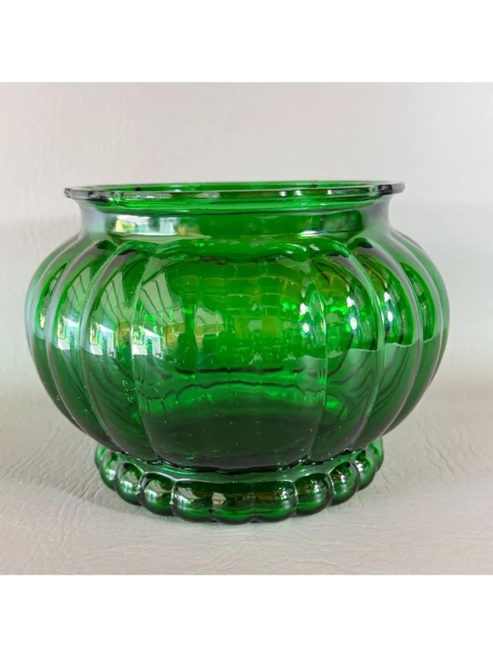 Vintage Forest Green Glass Rose Bowl Ribbed Bulbous Planter Ivy Vase 6